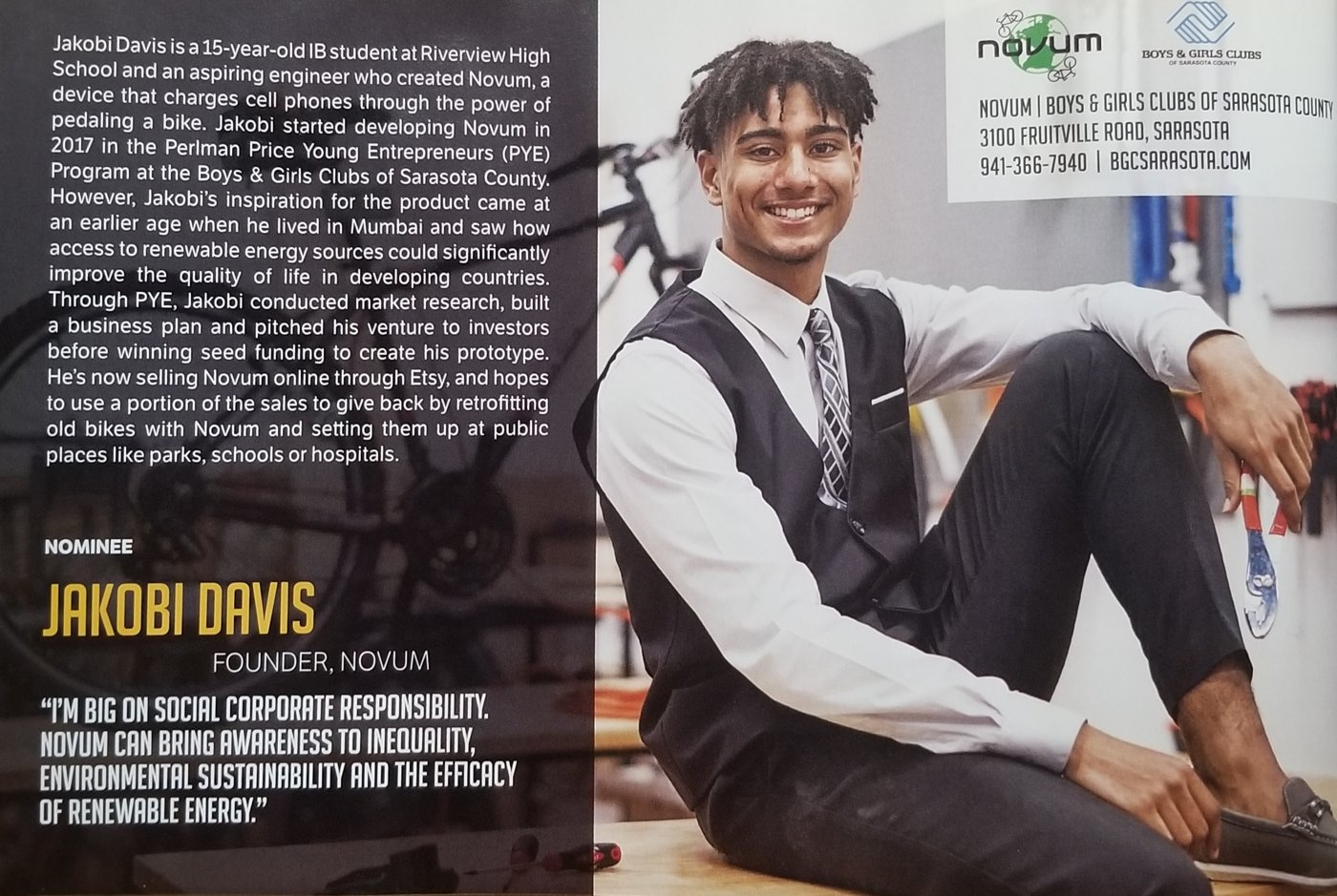 A magazine feature on Jakobi at fifteen, founder of Novum, the pedal-powered phone charger
